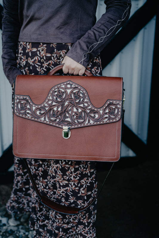 Laptop Bag with Filigree Floral Carvings and White Buckstitching