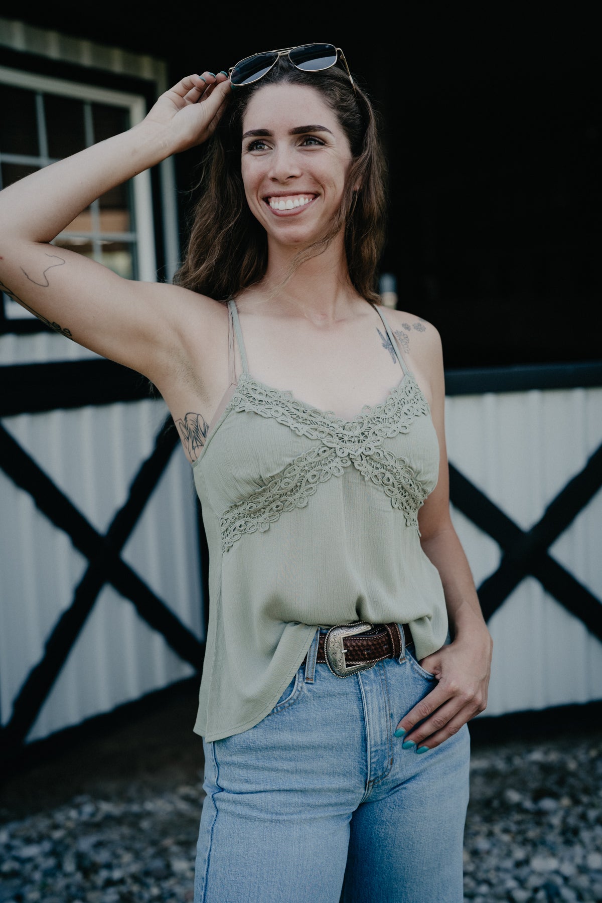 'Payton' Sage Green Lace Razor Back Tank Top by Rock & Roll (XS-XL)