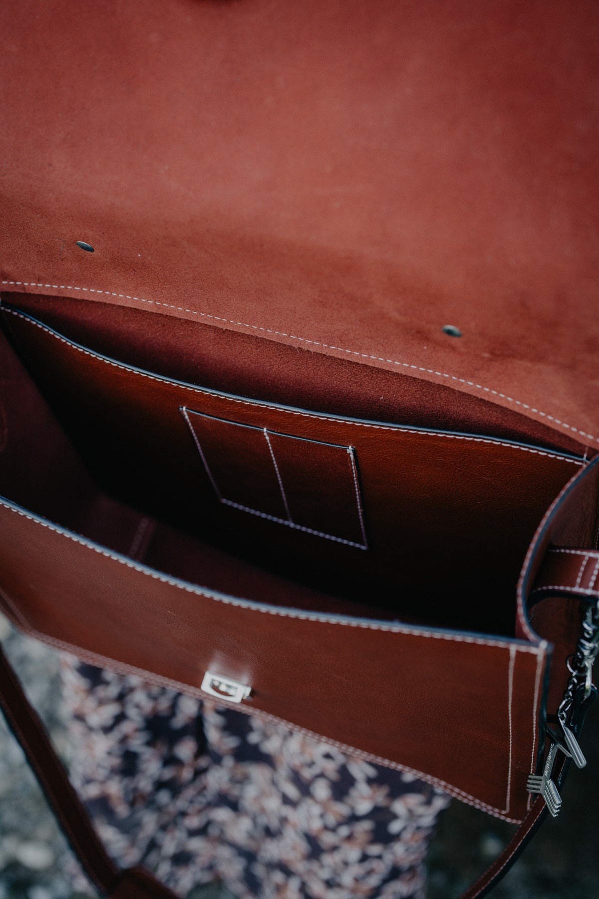 Laptop Bag with Filigree Floral Carvings and White Buckstitching