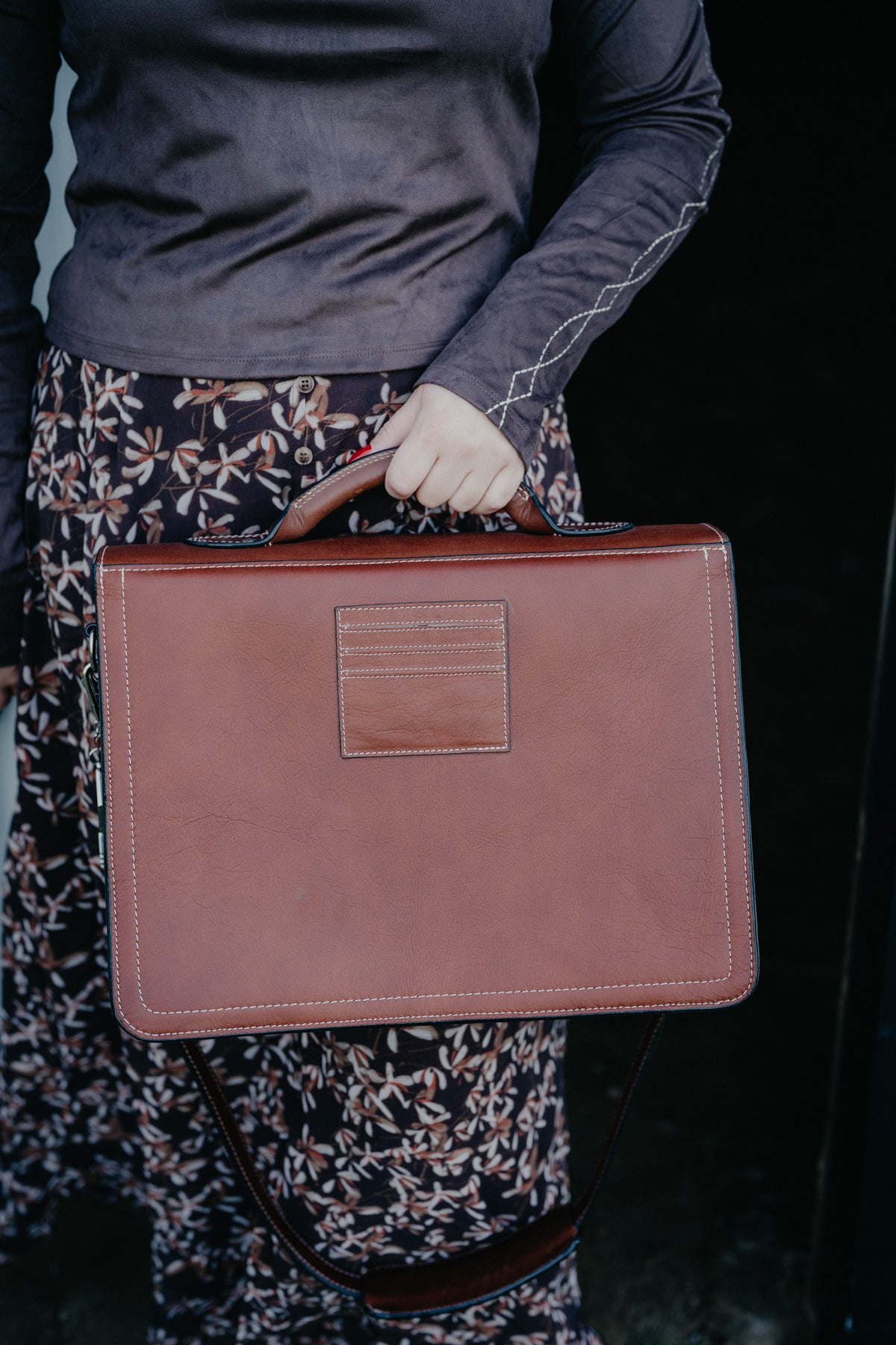 Laptop Bag with Filigree Floral Carvings and White Buckstitching