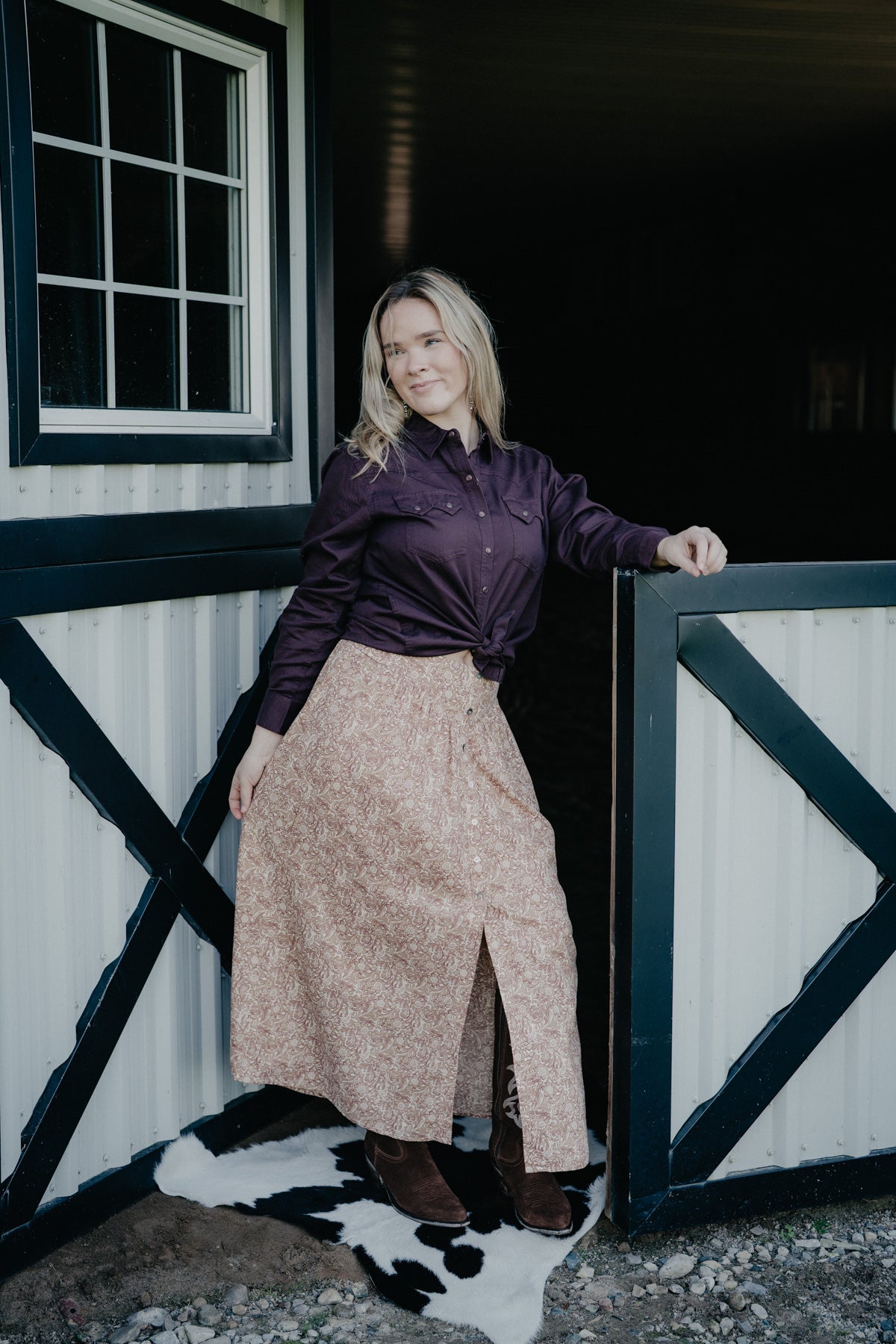 'Prairie Petals' Tooled Print Cream & Tan Maxi Skirt by Panhandle Slim
