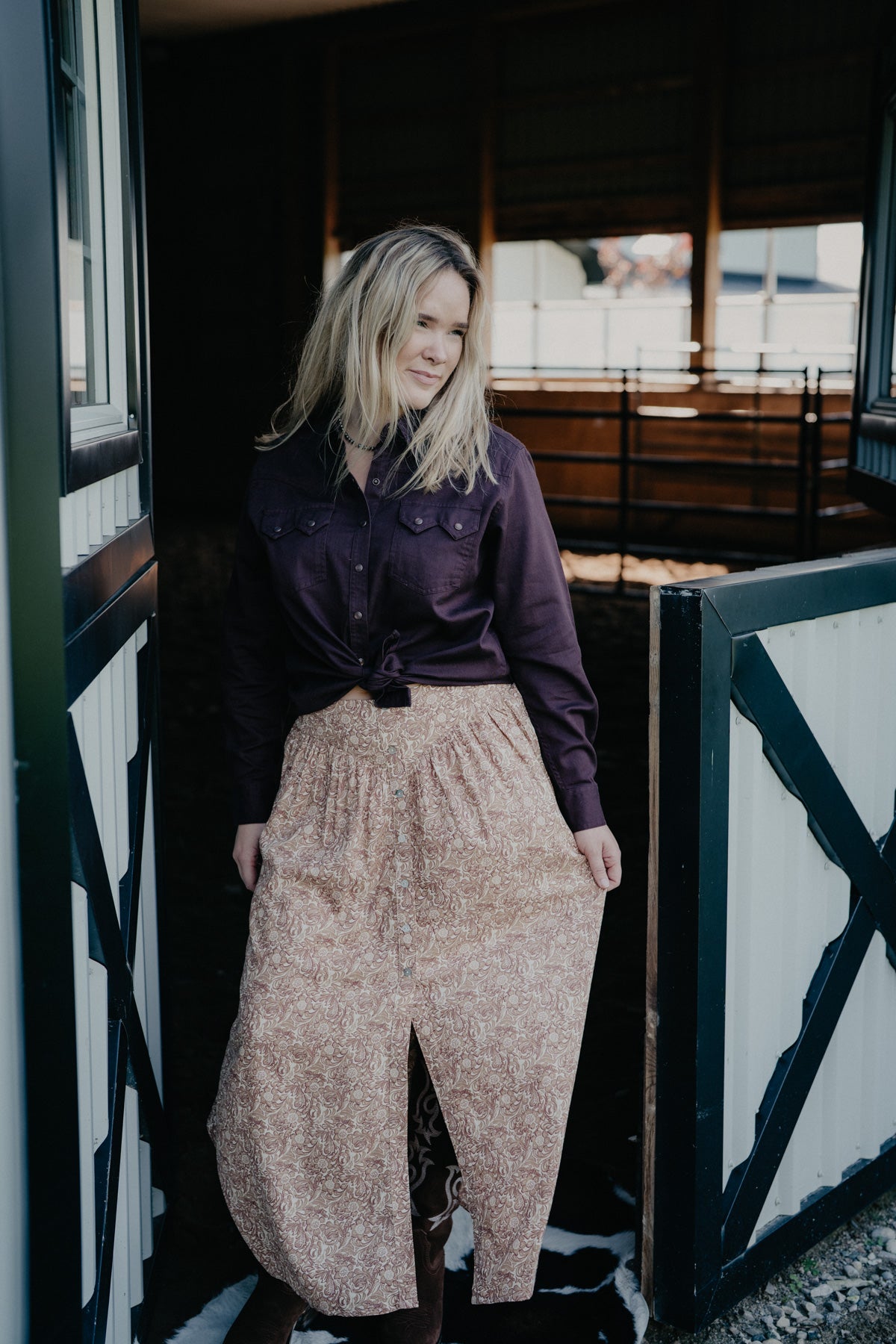 'Prairie Petals' Tooled Print Cream & Tan Maxi Skirt by Panhandle Slim