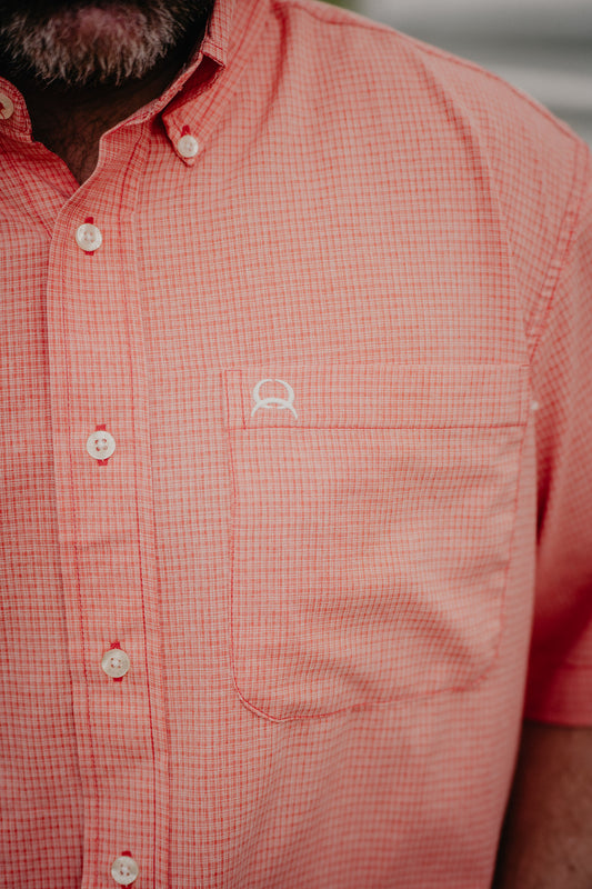 'Randi' Men's Short Sleeve Blood Orange Plaid ArenaFlex CINCH Button Down (S-XXL)