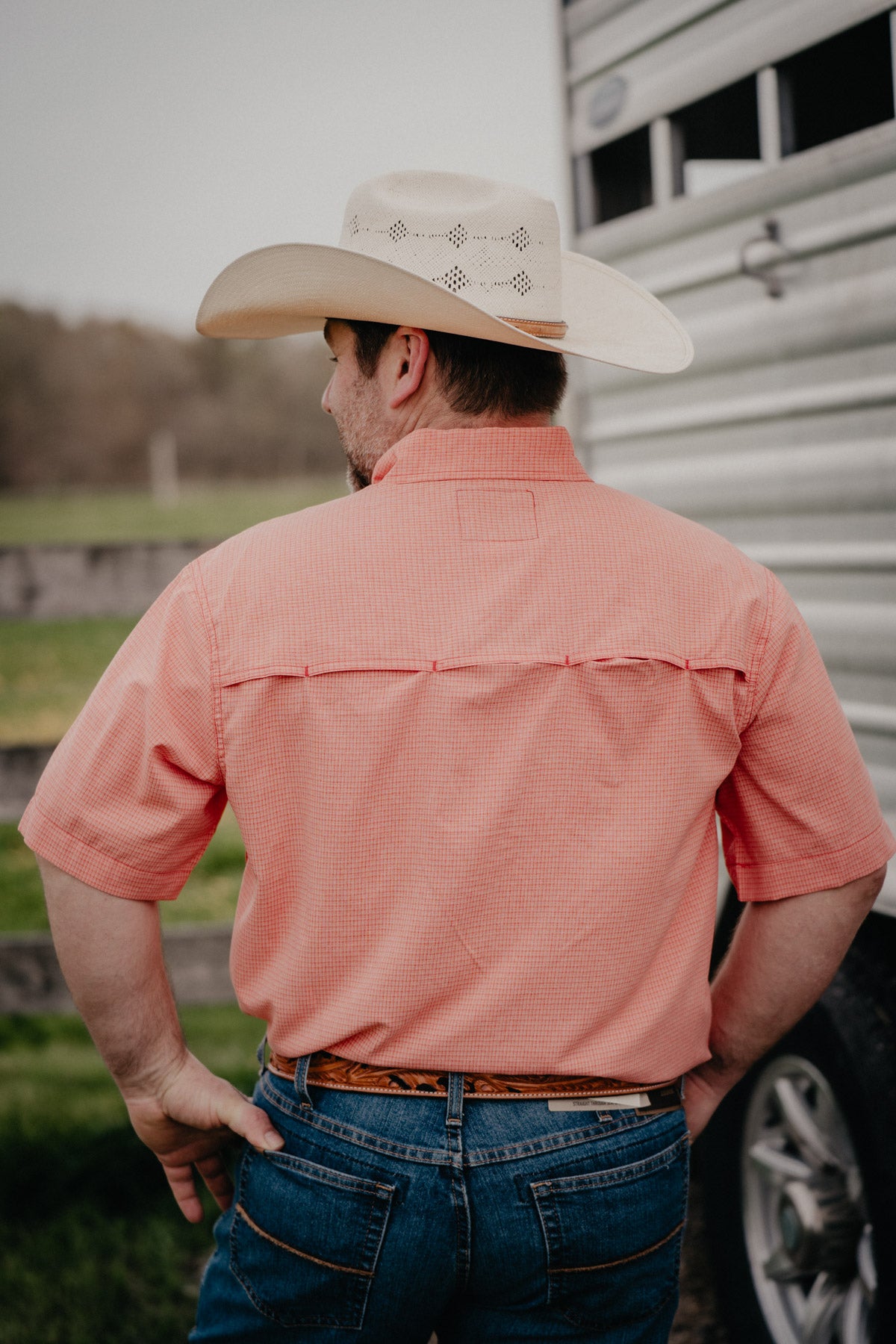 'Randi' Men's Short Sleeve Blood Orange Plaid ArenaFlex CINCH Button Down (S-XXL)