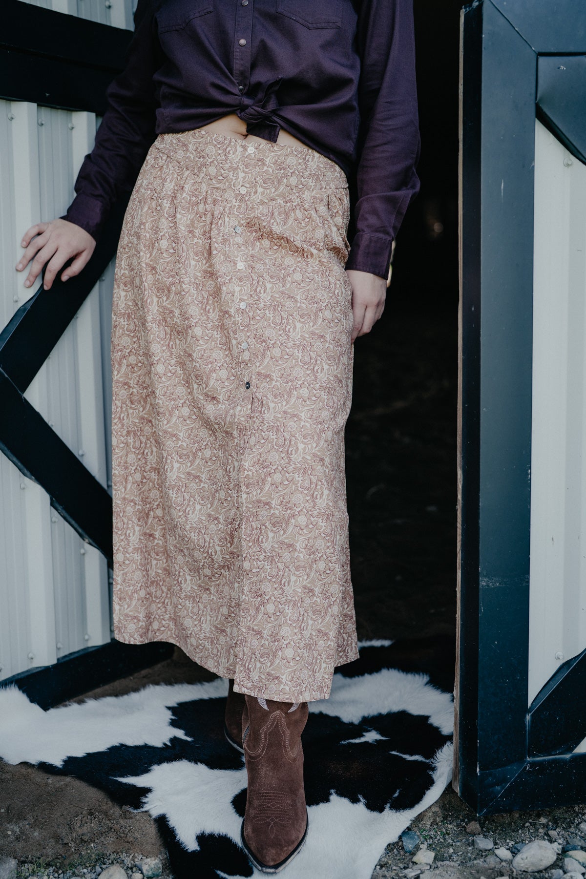 'Prairie Petals' Tooled Print Cream & Tan Maxi Skirt by Panhandle Slim