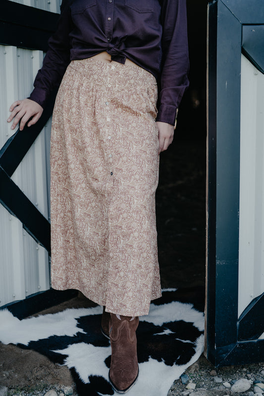 'Prairie Petals' Tooled Print Cream & Tan Maxi Skirt by Panhandle Slim
