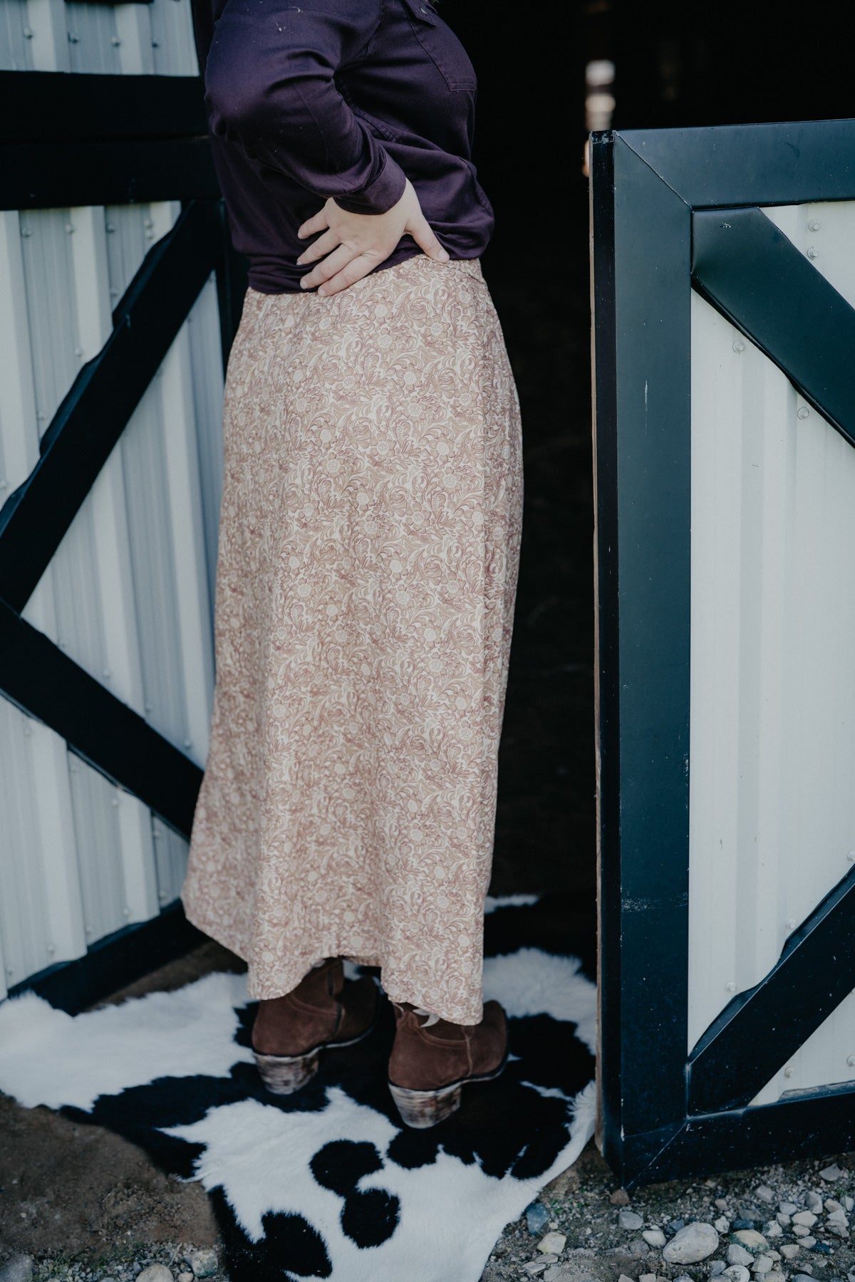 'Prairie Petals' Tooled Print Cream & Tan Maxi Skirt by Panhandle Slim