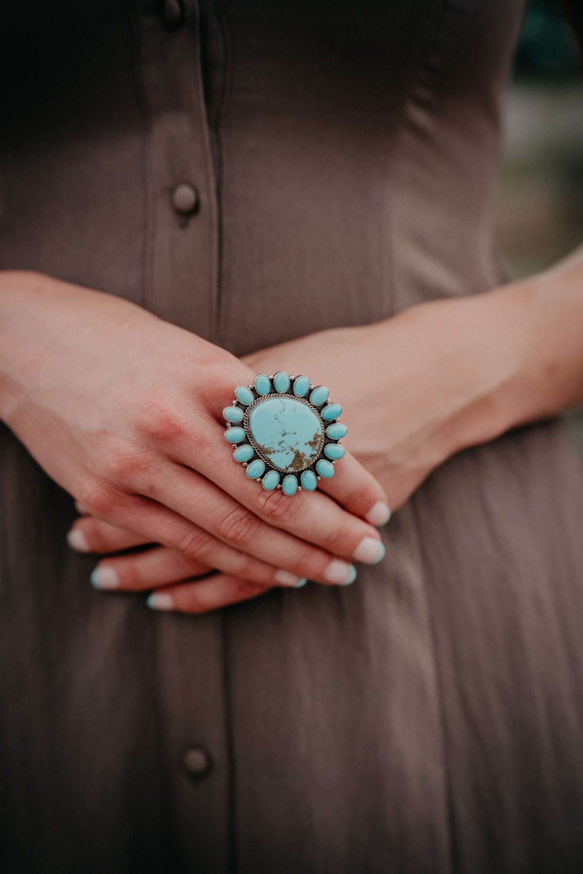 Royston Turquoise 17 Stone Cluster Ring (Adjustable)