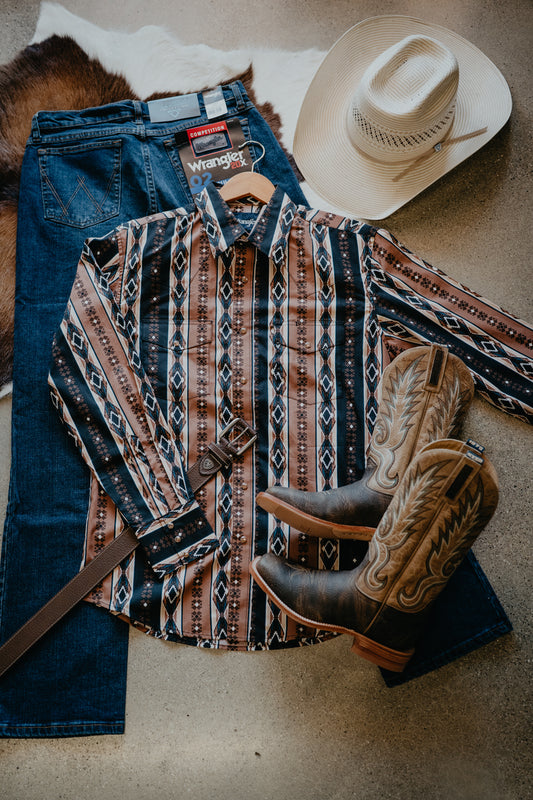 'Checotah' Men's Brown/Black/Blue with Aztec Design Long Sleeve Pearl Snap Checotah by Wrangler (S-XXL)