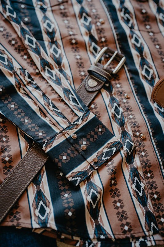 'Checotah' Men's Brown/Black/Blue with Aztec Design Long Sleeve Pearl Snap Checotah by Wrangler (S-XXL)