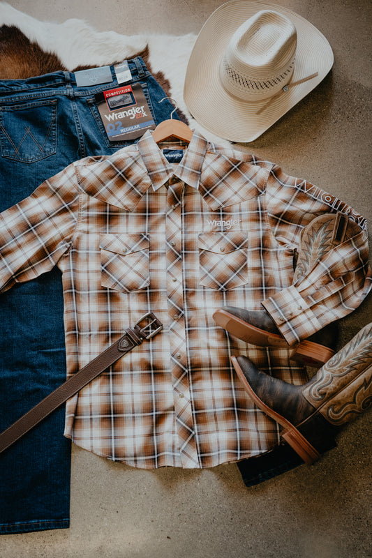 'Sand Stone' Men's Light Brown Plaid Long Sleeve Pearl Snap by Wrangler (S-XXL)