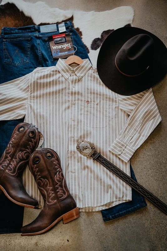 'Stone Stripe' Men's Cream with Black/Red/Grey Stripe George Straight Long Sleeve Button Up by Wrangler (S-XXL)