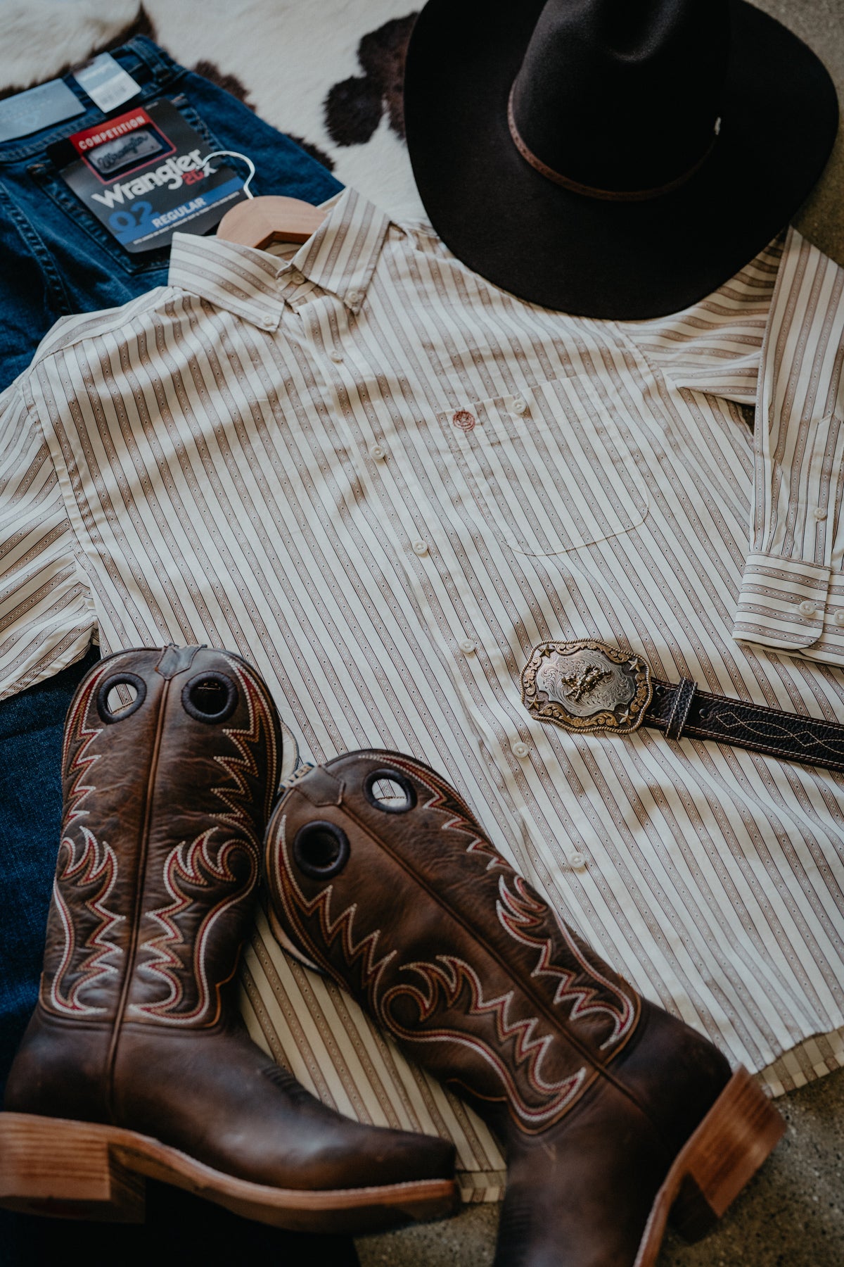 'Stone Stripe' Men's Cream with Black/Red/Grey Stripe George Straight Long Sleeve Button Up by Wrangler (S-XXL)
