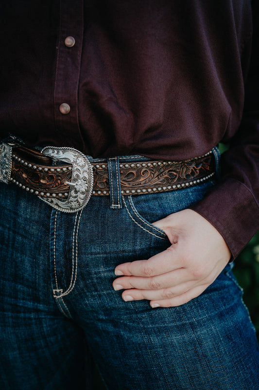 Antique Brown Floral Tooled Vintage Belt with Stud Accents by Double J