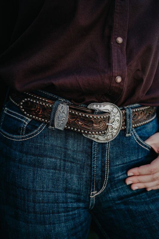 Antique Brown Floral Tooled Vintage Belt with Stud Accents by Double J