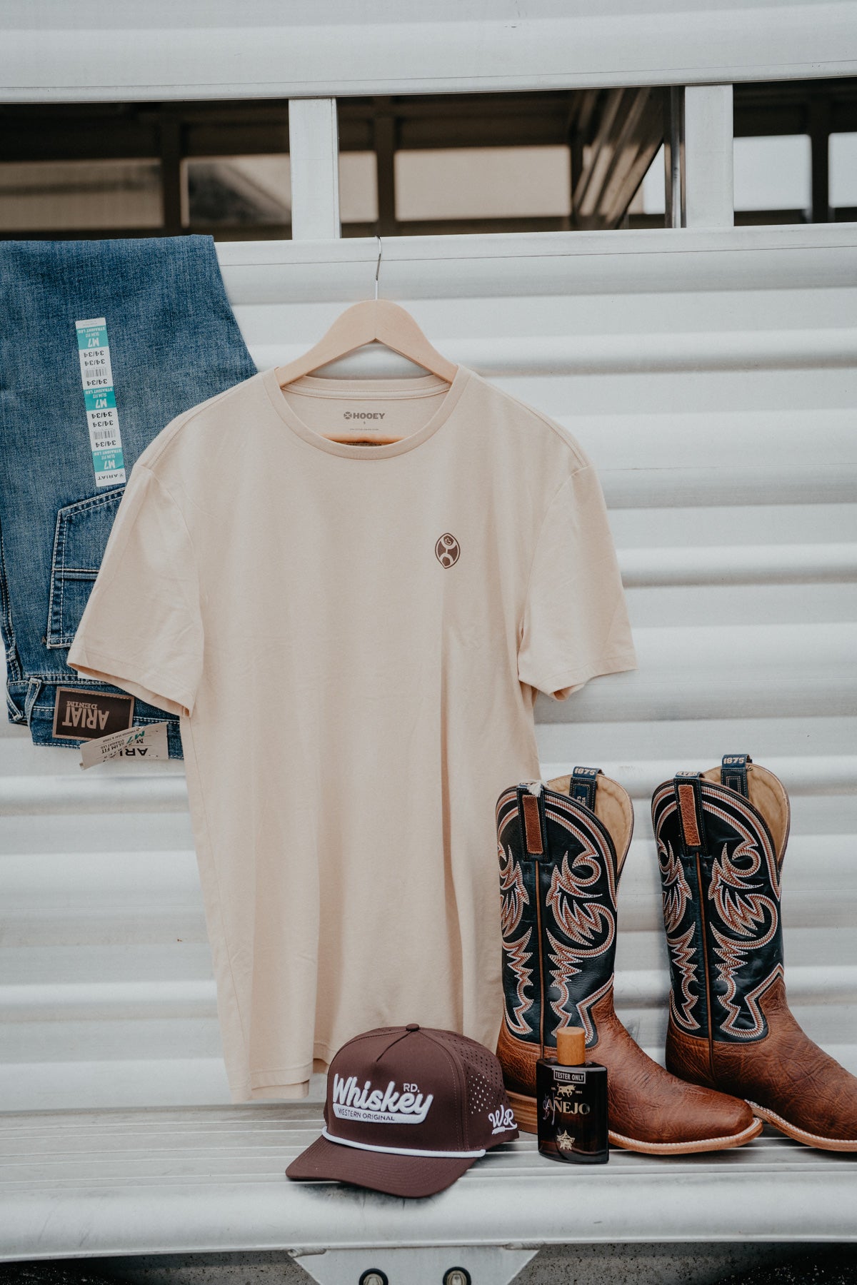 'Flint' Men's Tan Crew Neck T-Shirt with Camo Hooey Logo on Back