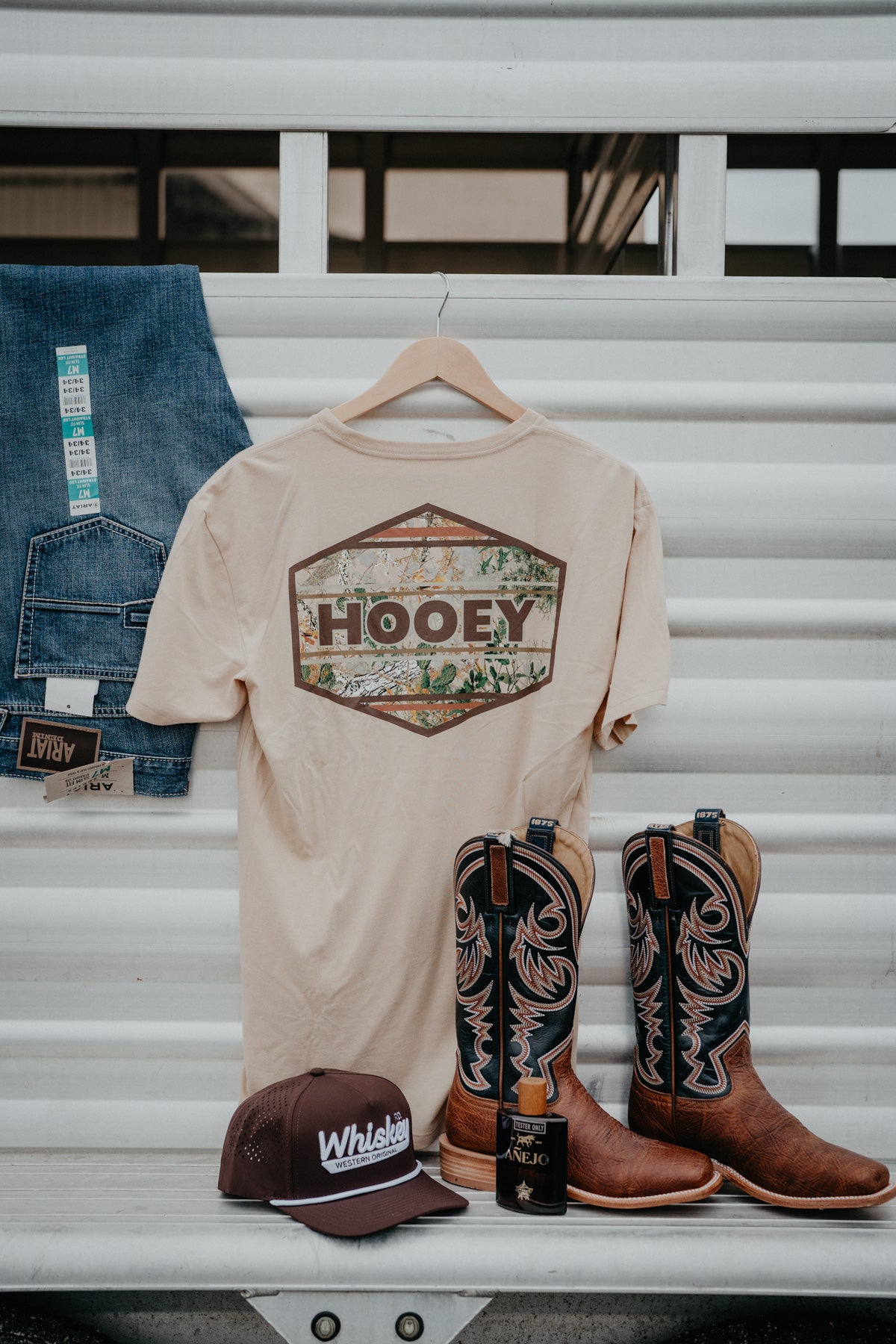 'Flint' Men's Tan Crew Neck T-Shirt with Camo Hooey Logo on Back