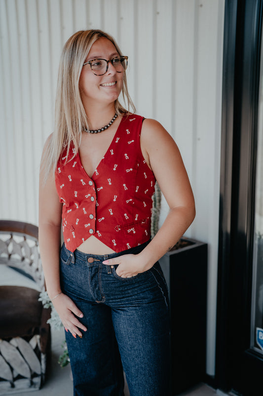 Spur Embroidered Red Vest by Cruel Denim
