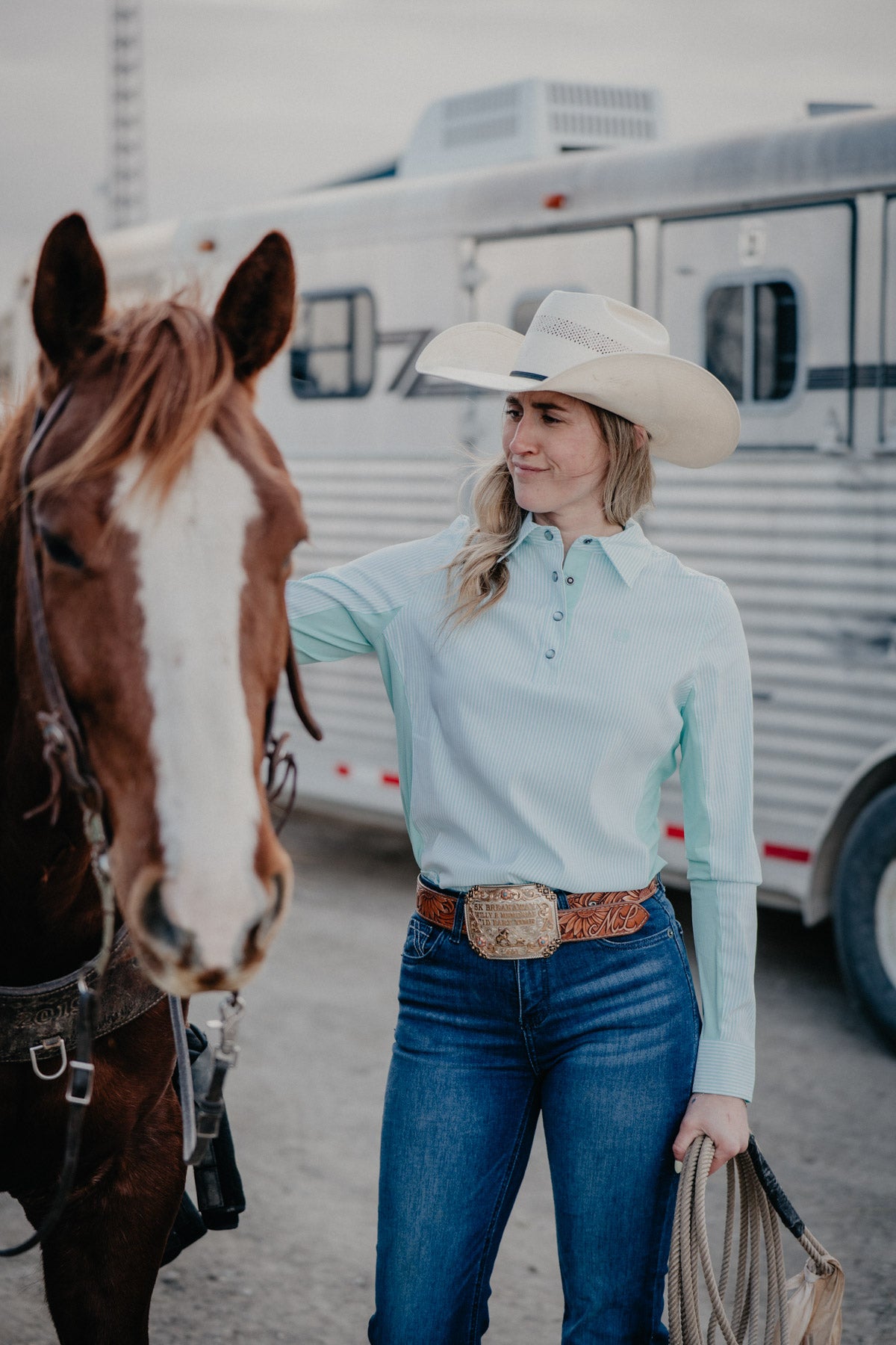 'Brielle' Women's Teal Striped Long Sleeve Hybrid Button Up by CINCH (XS-XXL)
