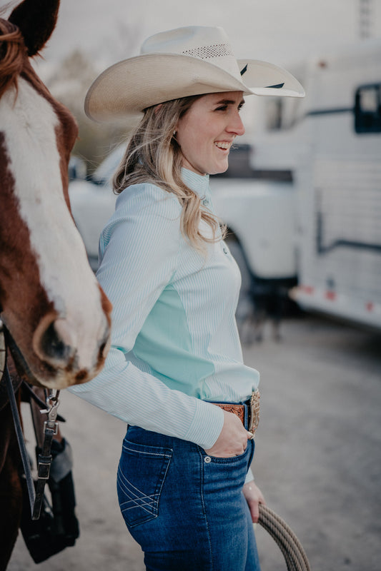 'Brielle' Women's Teal Striped Long Sleeve Hybrid Button Up by CINCH (XS-XXL)