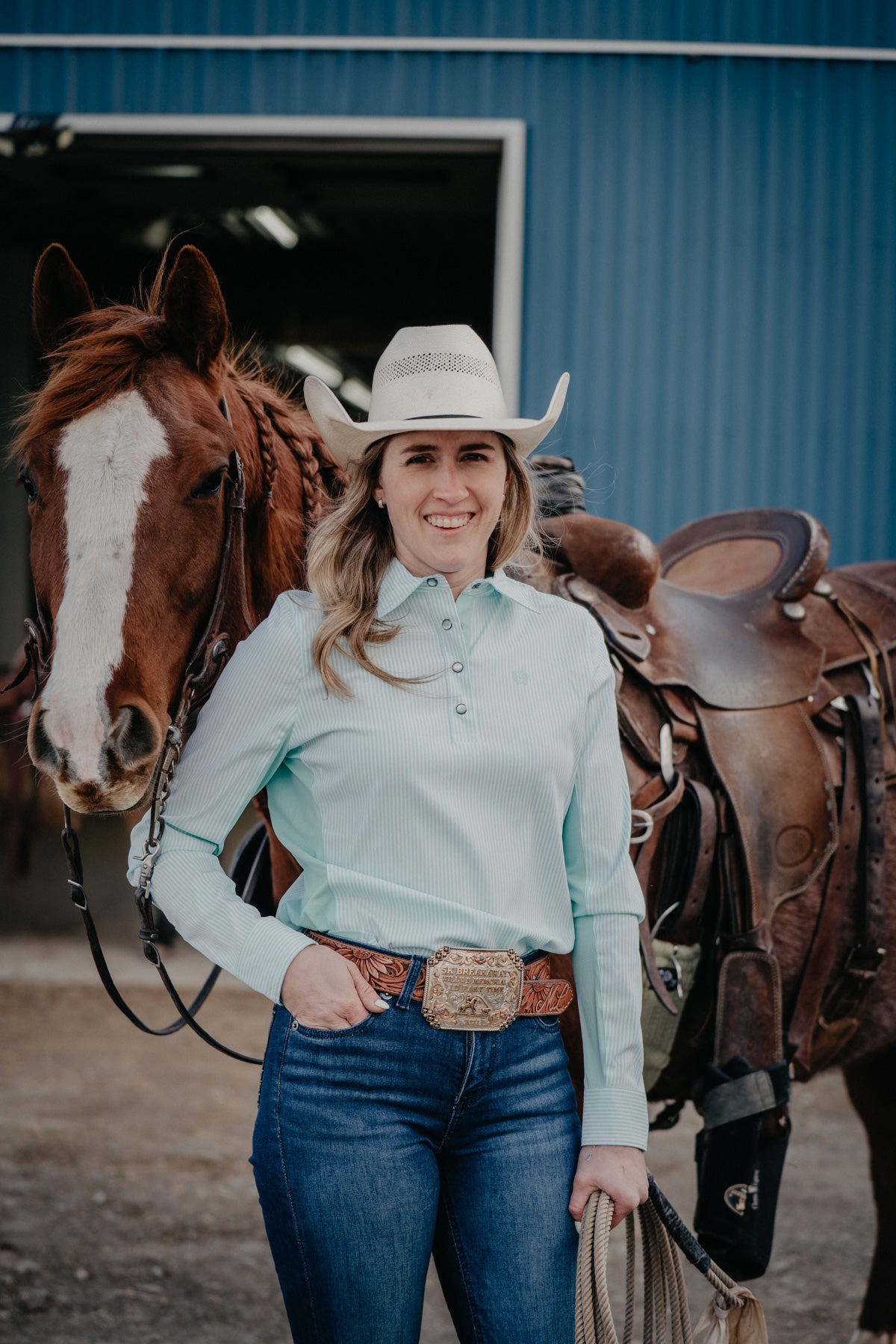 'Brielle' Women's Teal Striped Long Sleeve Hybrid Button Up by CINCH (XS-XXL)