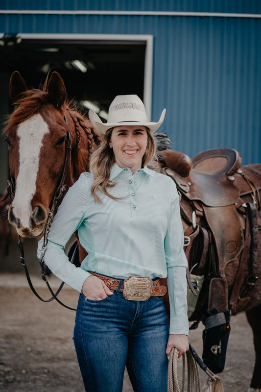 'Brielle' Women's Teal Striped Long Sleeve Hybrid Button Up by CINCH (XS-XXL)
