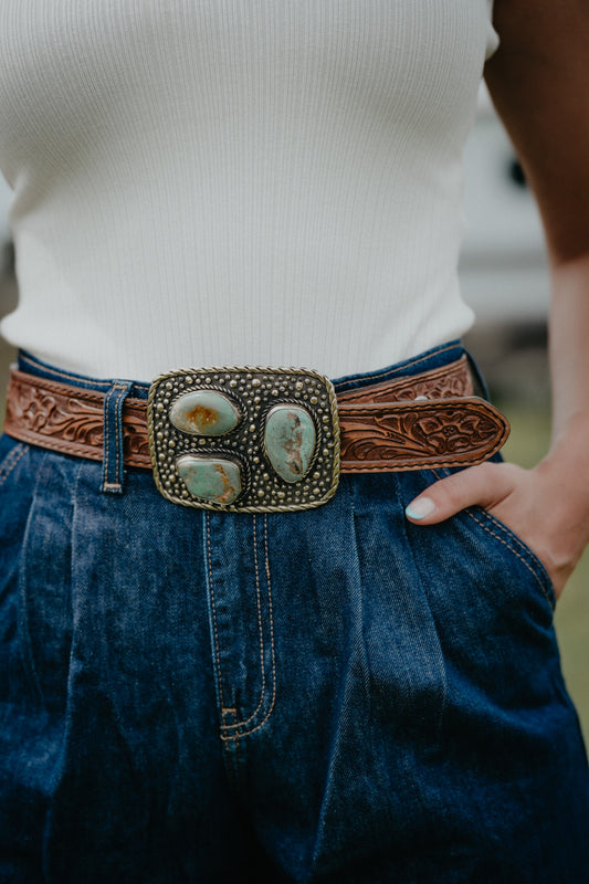 Rectangular German Silver Dot Buckle with 3 Turquoise Slab Stones by Paige Wallace
