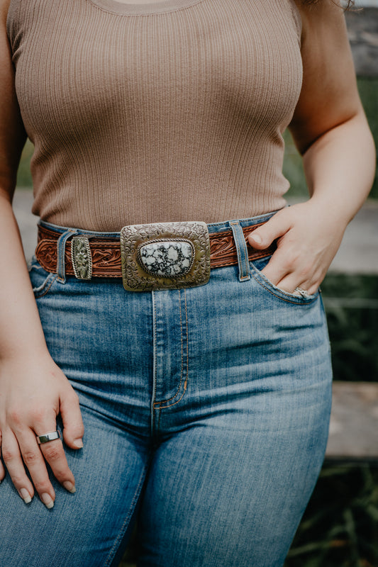 Floral Carved Rectangular German Silver Buckle by Paige Wallace (Turquoise and White Buffalo)