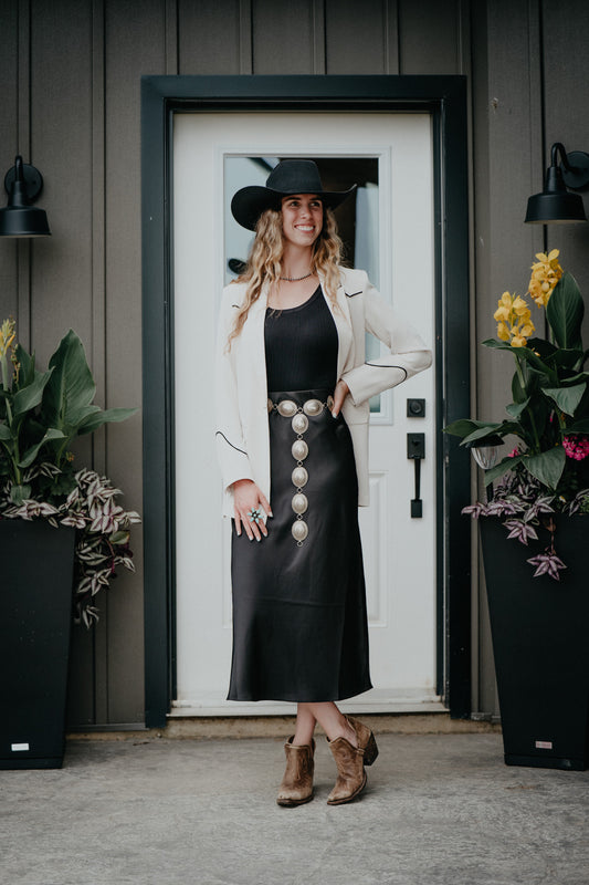 'Izabel' Luxe Black Satin Midi Skirt (XS-L)