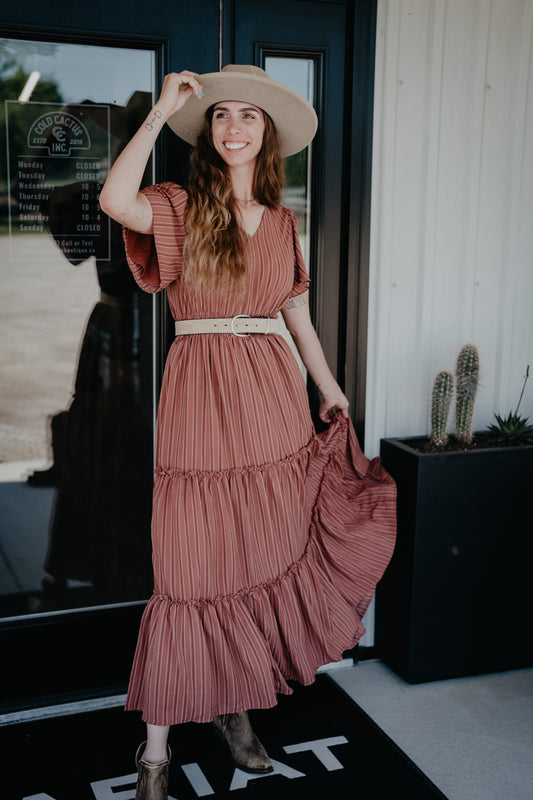 'Terra Rose' V-Neck Clay Stripe Maxi Dress
