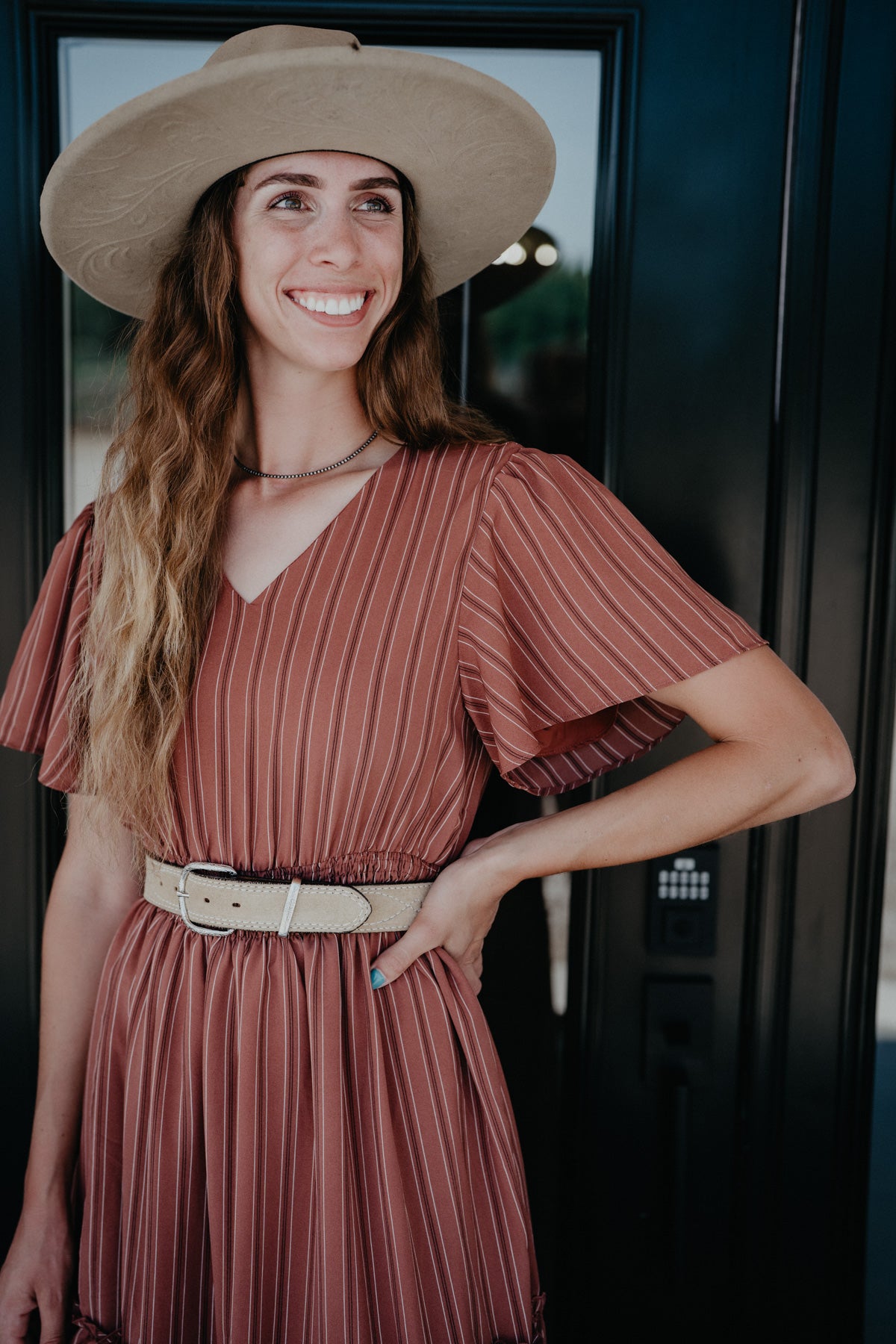 'Terra Rose' V-Neck Clay Stripe Maxi Dress