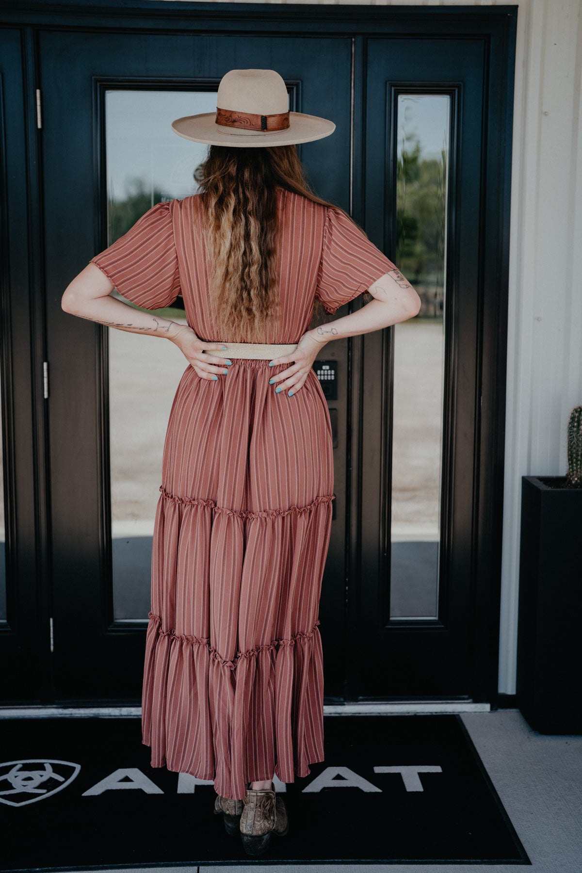 'Terra Rose' V-Neck Clay Stripe Maxi Dress