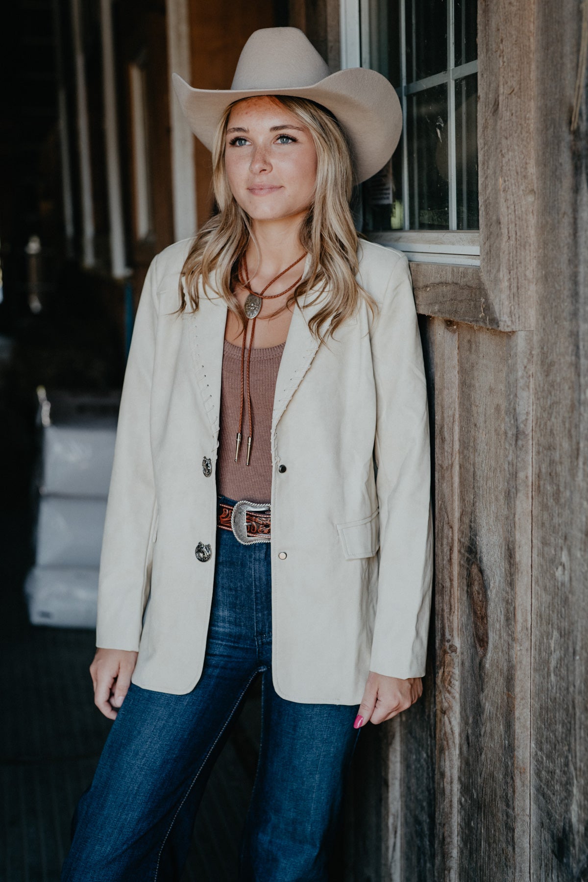 'Brandi' Beige Leathered Textured Western Yoke Blazer
