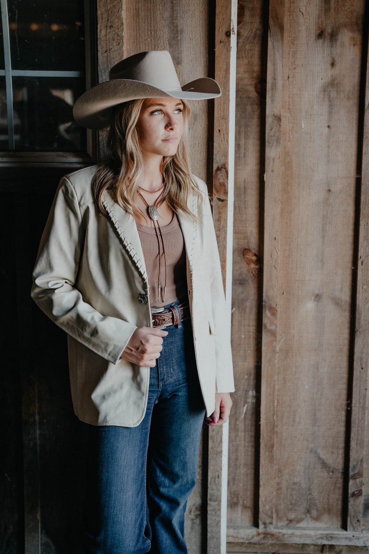 'Brandi' Beige Leathered Textured Western Yoke Blazer
