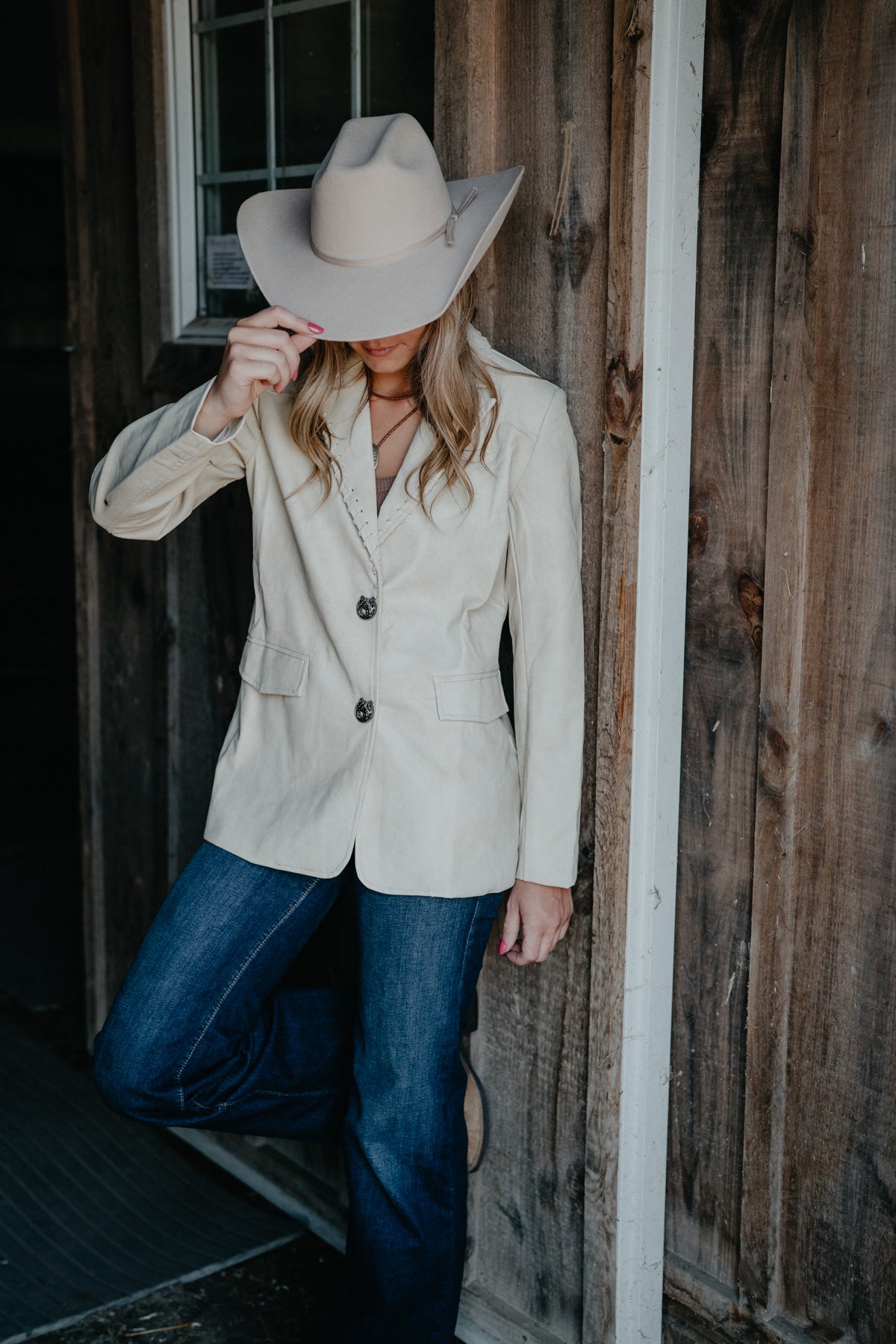 'Brandi' Beige Leathered Textured Western Yoke Blazer