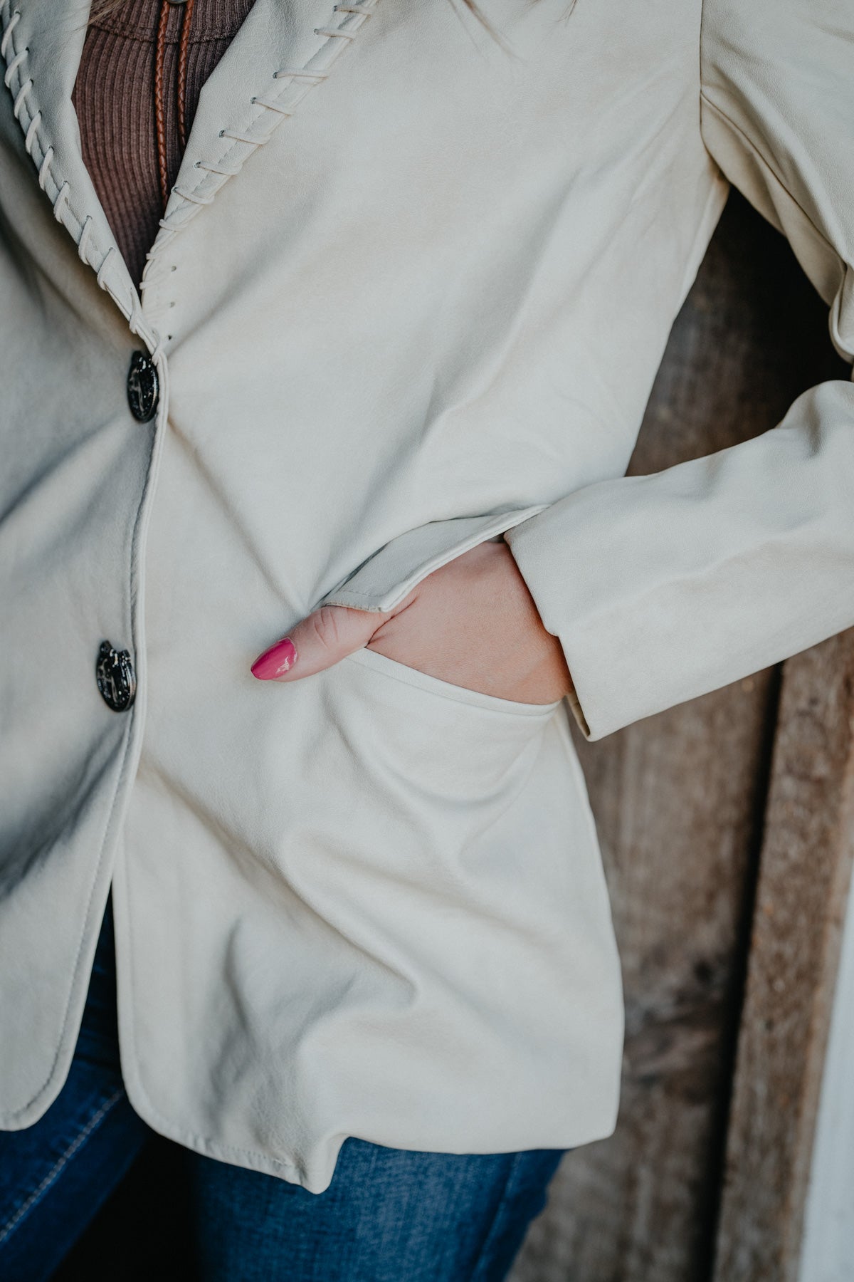 'Brandi' Beige Leathered Textured Western Yoke Blazer