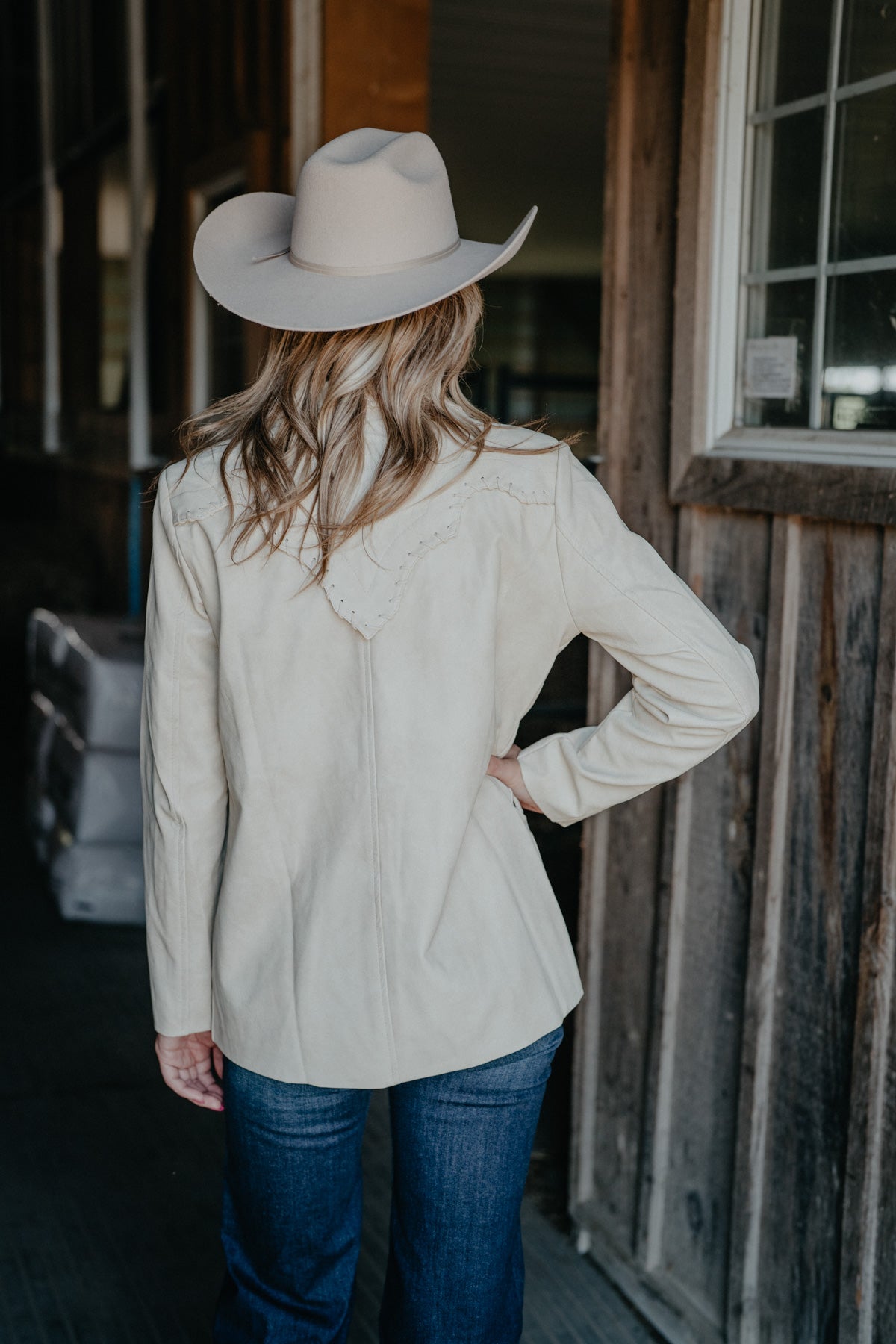 'Brandi' Beige Leathered Textured Western Yoke Blazer