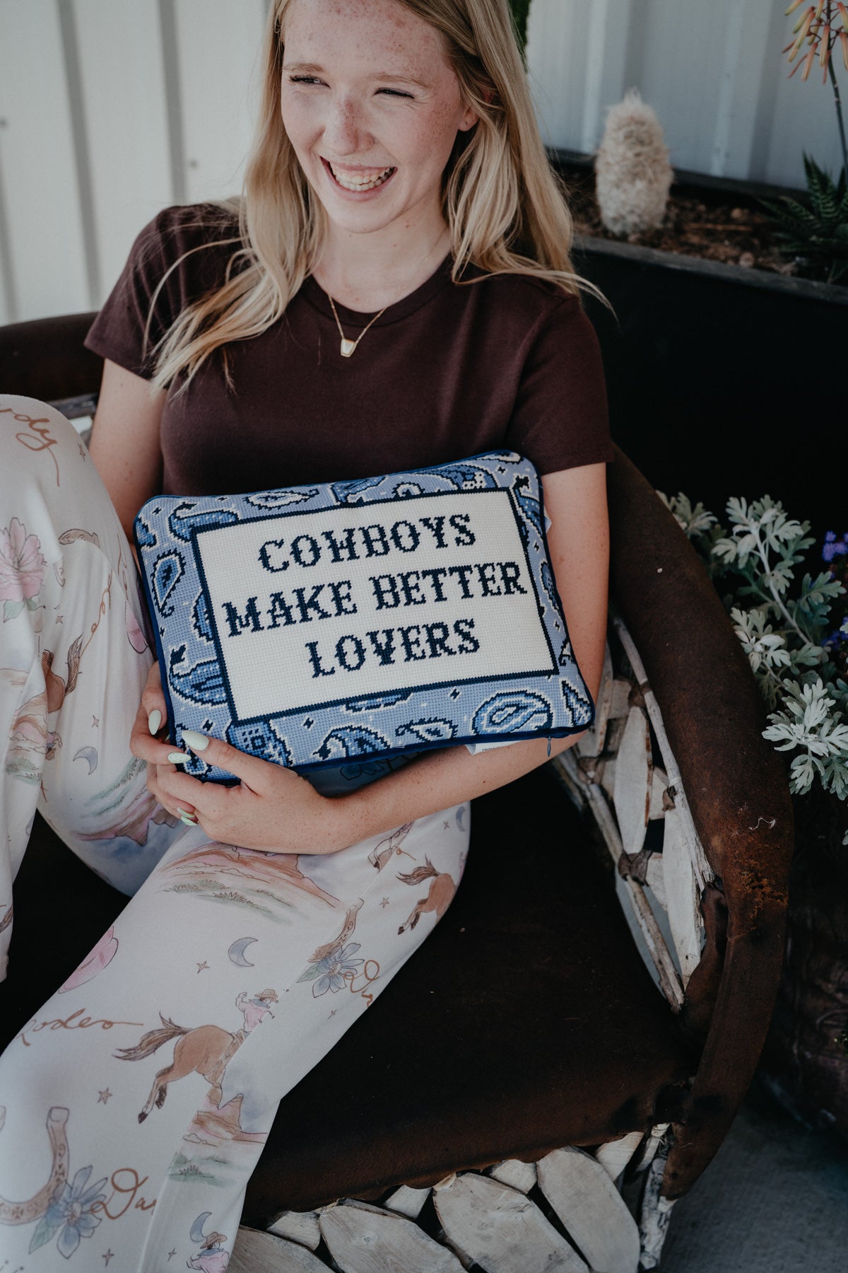 'Cowboys Make Better Lovers' Embroidered Rug Hooked Pillow