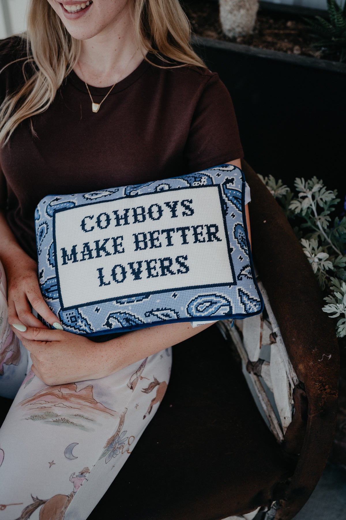 'Cowboys Make Better Lovers' Embroidered Rug Hooked Pillow