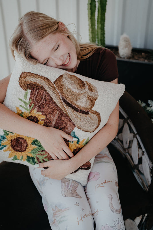 Sunflower and Boots Rug Hooked Pillow