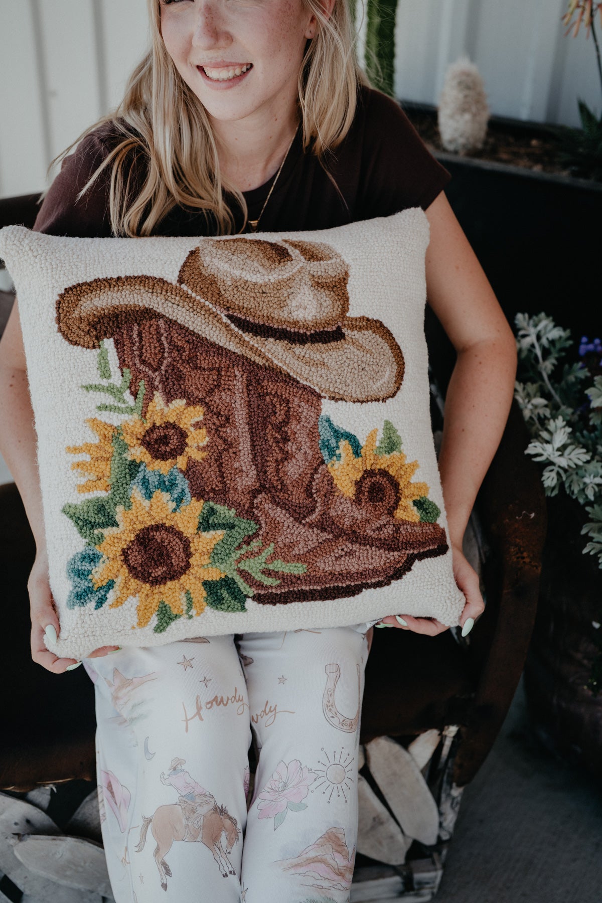 Sunflower and Boots Rug Hooked Pillow