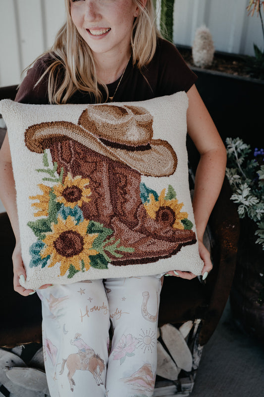 Sunflower and Boots Rug Hooked Pillow