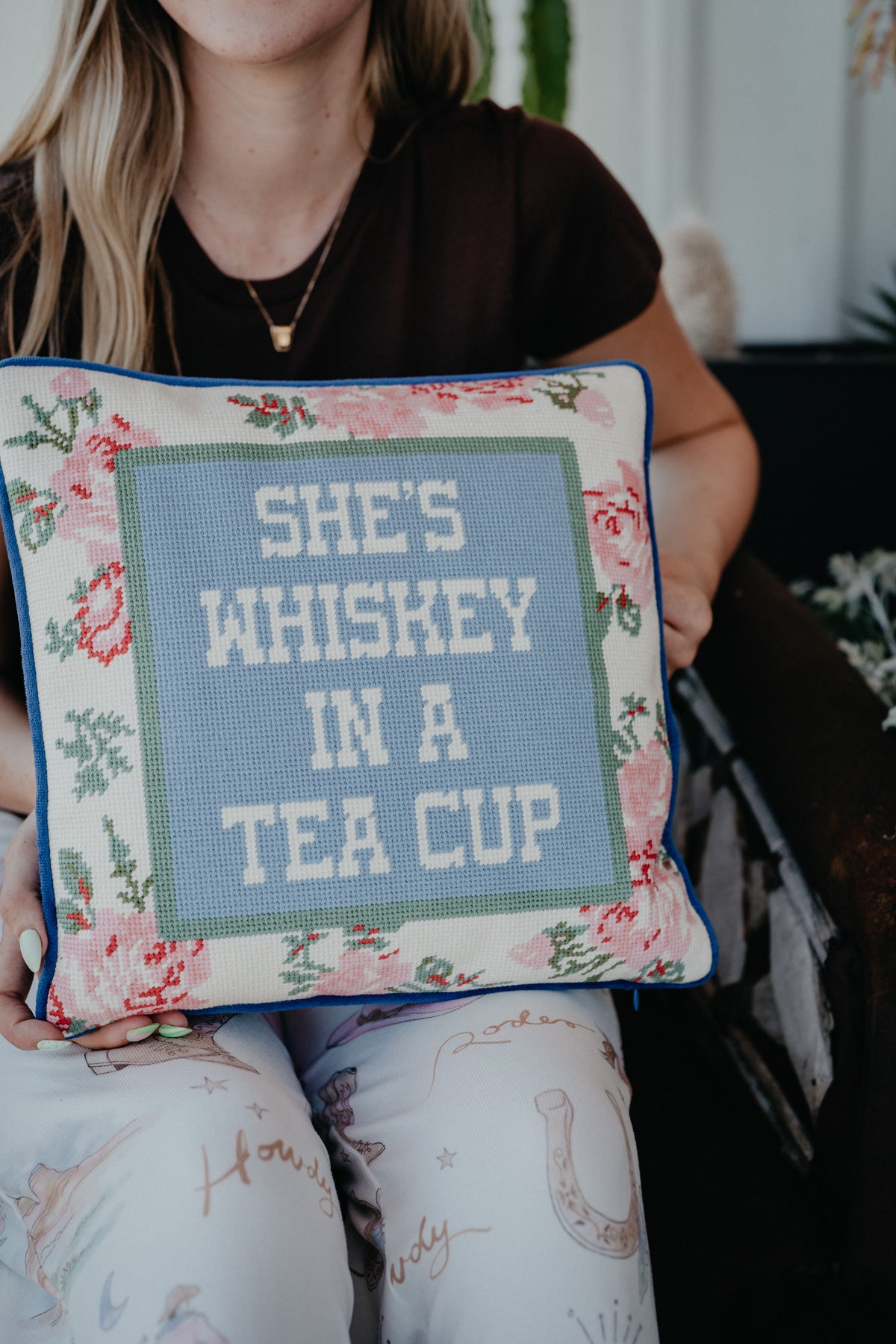 'She's Whiskey' Embroidered Rug Hooked Pillow