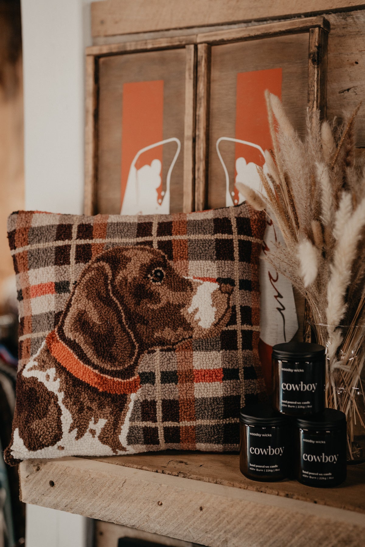 Hunting Dog Embroidered Rug Hooked Pillow