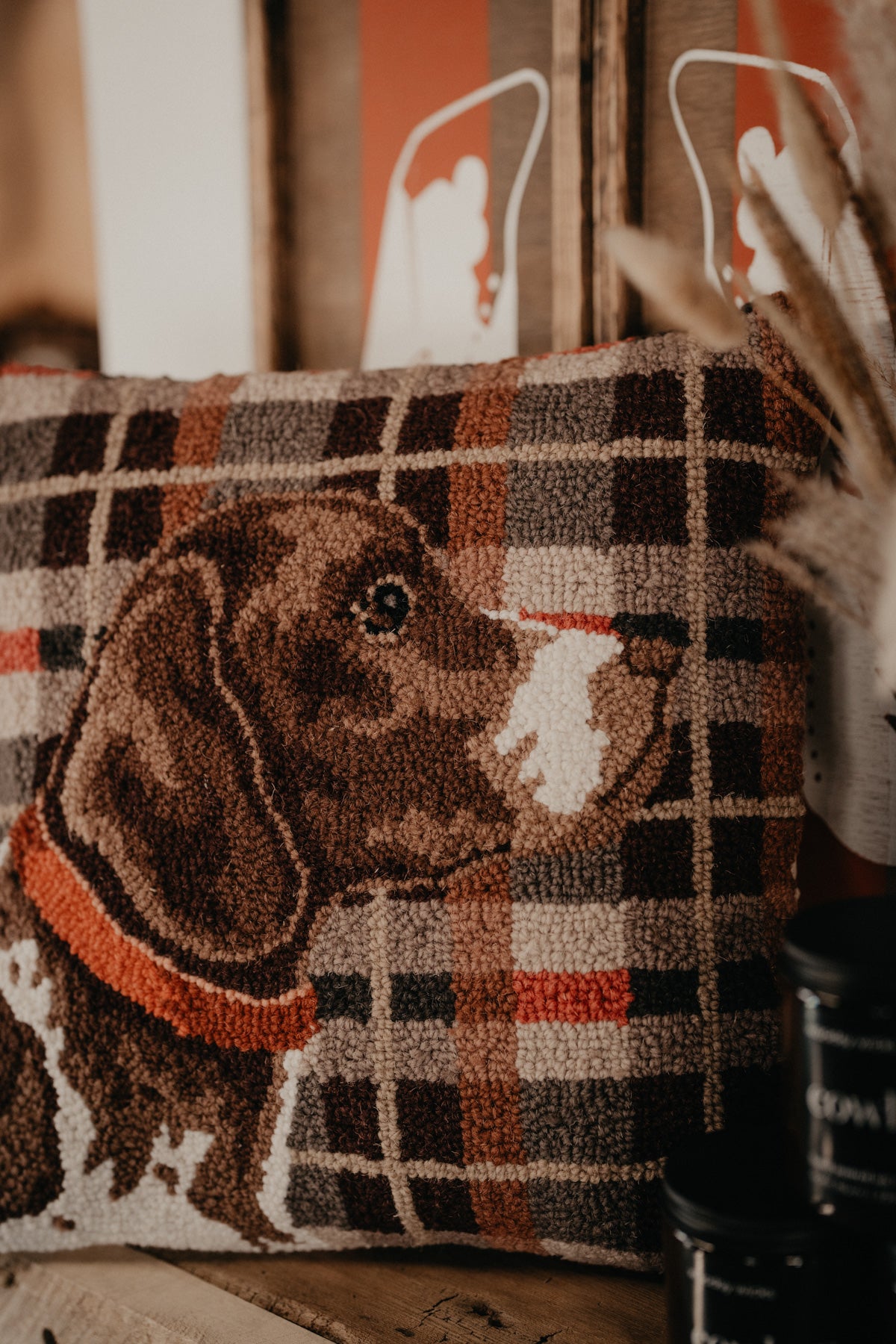 Hunting Dog Embroidered Rug Hooked Pillow