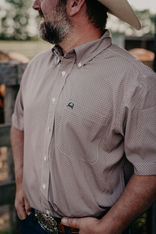 'Tristan' Men's Short Sleeve CINCH Brown Geometric Arenaflex Button Down(S-XXL)