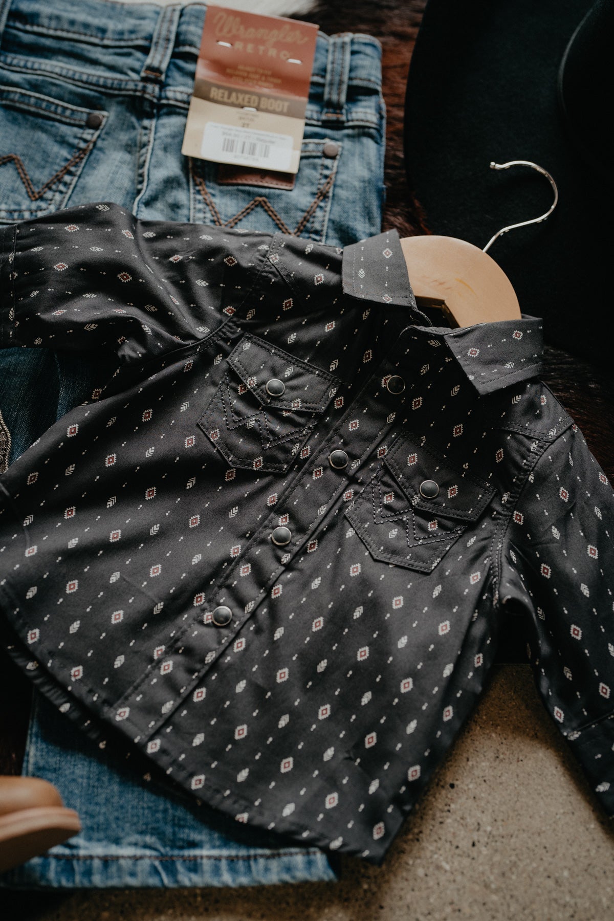 'Baby Black Canyon' Baby Boy Black Pearl Snap With Geo Aztec Print by Wrangler