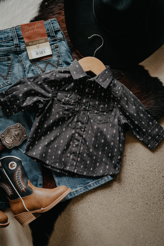 'Baby Black Canyon' Baby Boy Black Pearl Snap With Geo Aztec Print by Wrangler