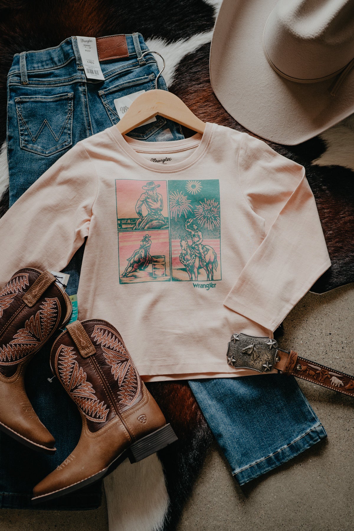 'Cowgirl's Dream' Girl's Pastel Pink Cowgirl Graphic Long Sleeve by Wrangler