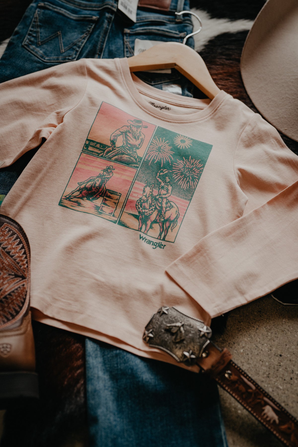 'Cowgirl's Dream' Girl's Pastel Pink Cowgirl Graphic Long Sleeve by Wrangler